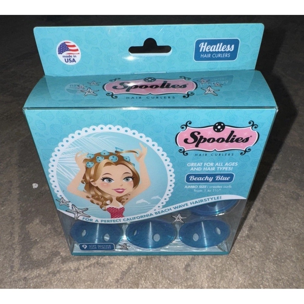 Spoolies‎ Vintage Beachy Blue Silicone Hair Curlers Jumbo Size 1" & 1.25" 9ct